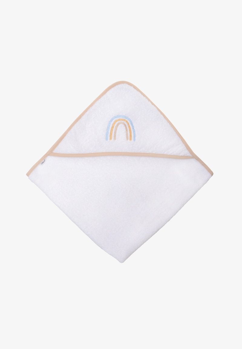 Hooded bath towel in white terry cloth with beige trim, featuring a rainbow embroidery in light blue, orange, and yellow on the hood.