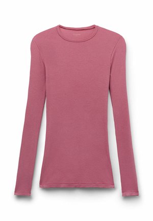 Jersey de punto acanalado de manga larga en rosa rosa apagado con cuello redondo, mostrado plano sobre un fondo blanco.