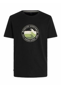 Juodas medvilninis marškinėlių suapvalintu logotipu, kuriame yra žali ir smėlio spalvos bangos, užrašas skelbia "Protest Sportswear" ir "Geriausi produktai nuo 1983".