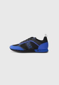 Black and blue athletic sneakers with a mesh upper, prominent logo, textured sole, and contrasting blue accents on the toe and heel.