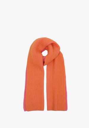 Bright orange and pink ribbed knit scarf folded in half with ends hanging down on white background.