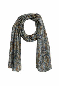 Bufanda suave con estampado de cachemira en tonos azules y marrones, confeccionada en tejido ligero, con textura suave y forma drapeada.