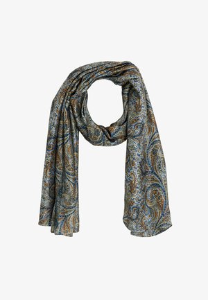 Bufanda suave con estampado de cachemira en tonos azules y marrones, confeccionada en tejido ligero, con textura suave y forma drapeada.