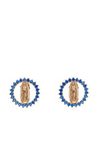 Aranyszínű fülbevalók, középen Szűz Mária medállal, amit kék kristályok vesznek körbe kör alakú foglalatban.