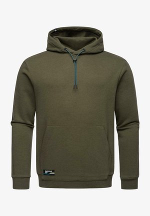 Sweat à capuche vert olive avec une poche avant et un cordon de serrage ajustable. Présente des poignets côtelés et une étiquette logo à l'ourlet. Texture lisse.