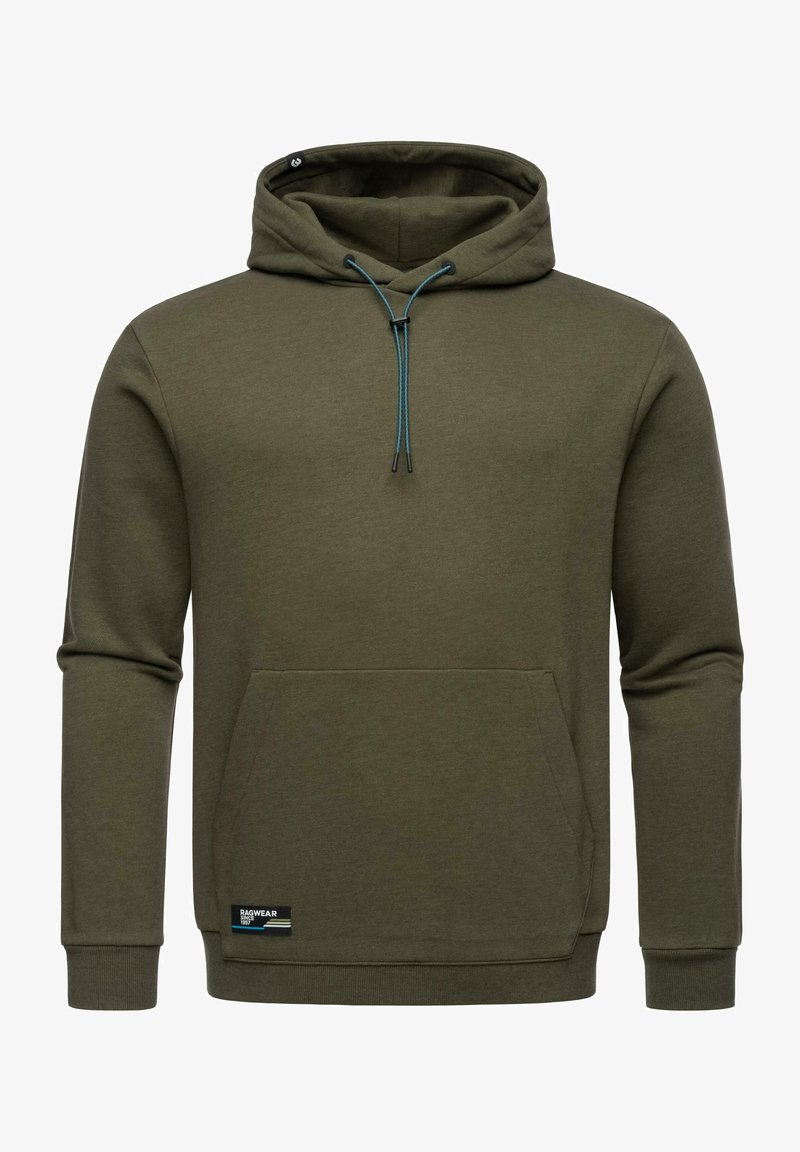 Olivgrüner Hoodie mit einer Fronttasche und verstellbarem Kordelzug. Mit gerippter Bündchen und einem Logotag am Saum. Glatte Textur.