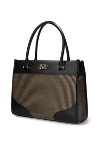 Svart läderhandväska med en flätad design i brunt och svart, utrustad med två stadiga handtag, en guldtonad logodetalj och en strukturerad form.