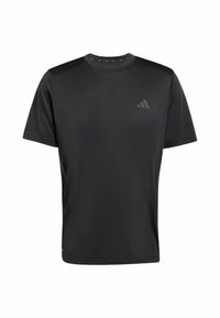 Zwart sportief T-shirt met korte mouwen, ronde hals en een subtiel Adidas-logo op de linkerborst, afgebeeld tegen een witte achtergrond.