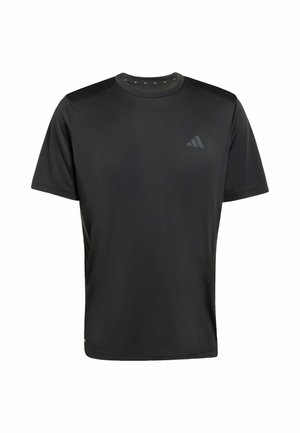 T-shirt de sport noir à manches courtes avec col rond et discret logo Adidas sur la poitrine gauche, présenté sur un fond blanc.