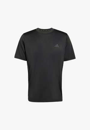 Čierne športové tričko s krátkym rukávom, guľatým výstrihom a jemným logom Adidas na ľavej strane hrudníka, zobrazené na bielom pozadí.