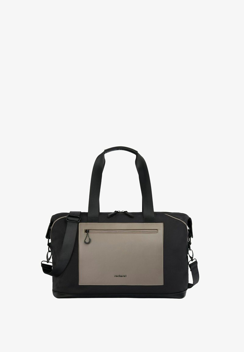 Schwarz-graue Sporttasche mit einer vorderseitigen Reißverschlusstasche, aus Stoffmaterial, mit zwei Griffen und einem verstellbaren Schultergurt.