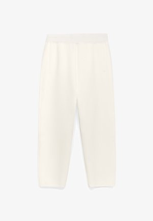 Witte, wijde broek van een soepele stof. Heeft een zachte tailleband en zijzakken, met een nette, minimalistische uitstraling.