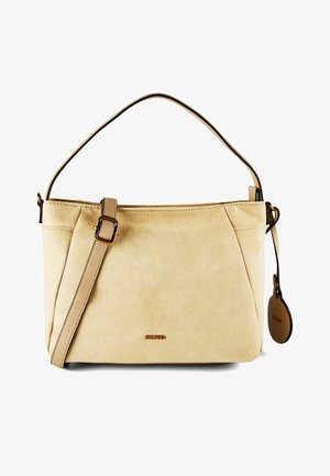 Beige suede handbag with a short handle, adjustable shoulder strap, and small gold logo on the front center.