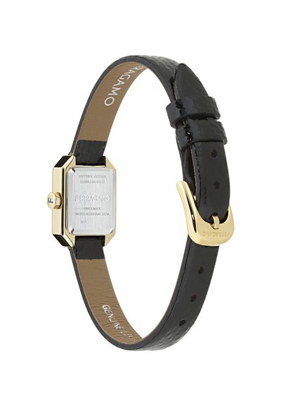 Bracelet de montre Ferragamo en cuir noir avec boucle en or et dos en acier inoxydable, affichant les détails de la marque et de la résistance à l'eau.