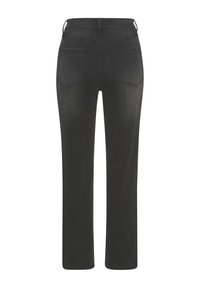 Melni džinsi ar taisnu kāju dizainu, ar vidēju jostas augstumu un divām aizmugurējām kabatām. Gluda tekstūra ar minimāliem dekoratīviem elementiem.