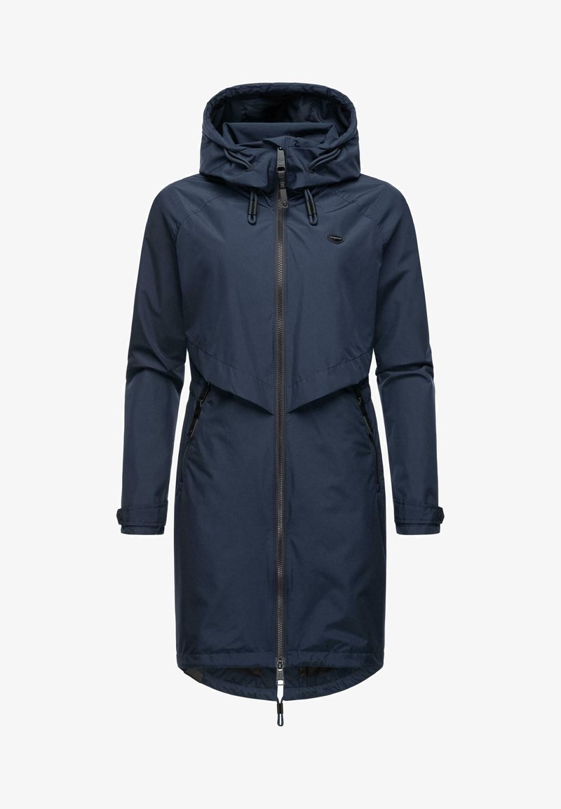 Tamsiai mėlynas vandeniui atsparus džemperis su užtrauktuku, dideliu gaubtu, reguliuojama virvele ir dviem šoninėmis kišenėmis su paslėptais užtrauktukais.