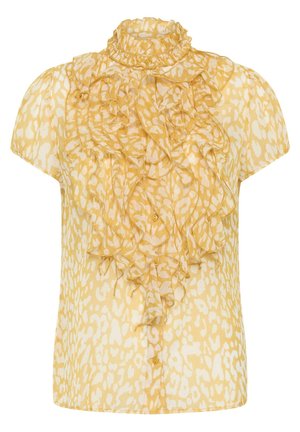 Bluza transparentă cu imprimeu de leopard galben și alb, cu mâneci scurte, guler înalt cu volane și detalii cu volane care se revarsă pe partea din față.