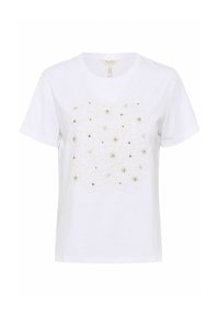 T-shirt en coton blanc avec un motif floral dans des tons dorés et argentés, avec une légère texture due aux embellissements. Manches courtes, col rond.