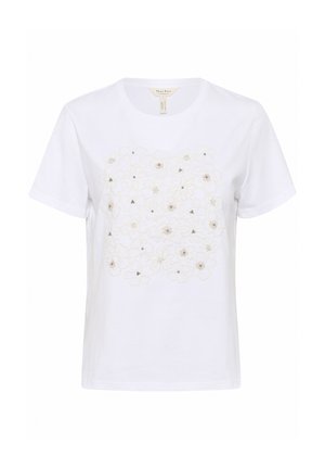 T-shirt en coton blanc avec un motif floral dans des tons dorés et argentés, avec une légère texture due aux embellissements. Manches courtes, col rond.