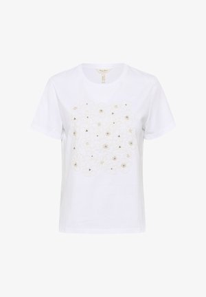 Bela bombažna majica s cvetličnim motivom v zlatih in srebrnih tonih, z rahlo teksturo zaradi okrasnih detajlov. Kratki rokavi, okrogla ovratnica.