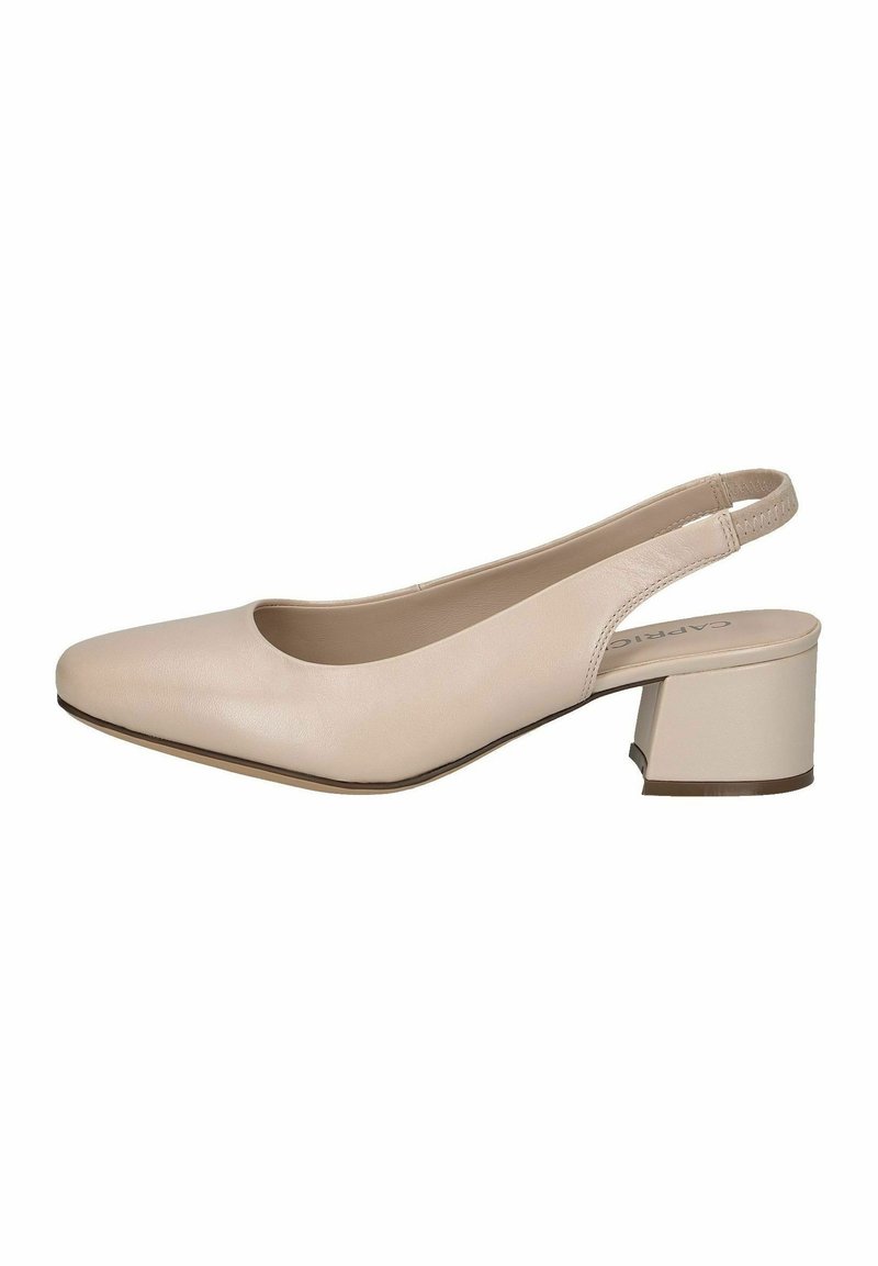 Chaussure à bride arrière beige avec un bout arrondi, en cuir, talon bloc bas, texture lisse, et un design minimaliste sans ornements.