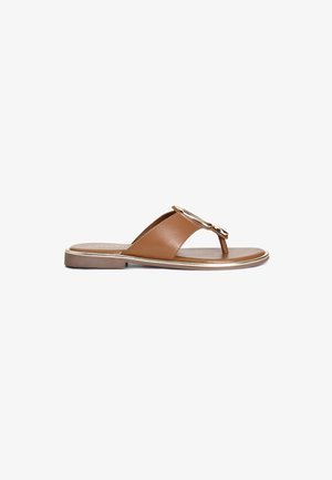 Brown leather slide sandal with a thong design, gold-tone hardware accent, flat sole, and a slight metallic trim around the edge.