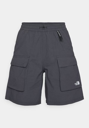 Gray cargo shorts with a drawstring waistband, two side pockets, and two flap pockets. Features a small white logo on the lower left.