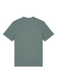 Grüne Baumwoll-T-Shirt mit kurzen Ärmeln und rundem Halsausschnitt. Glatte Textur, einfarbig und ein einfaches, klassisches Design. Keine Muster oder Akzente.