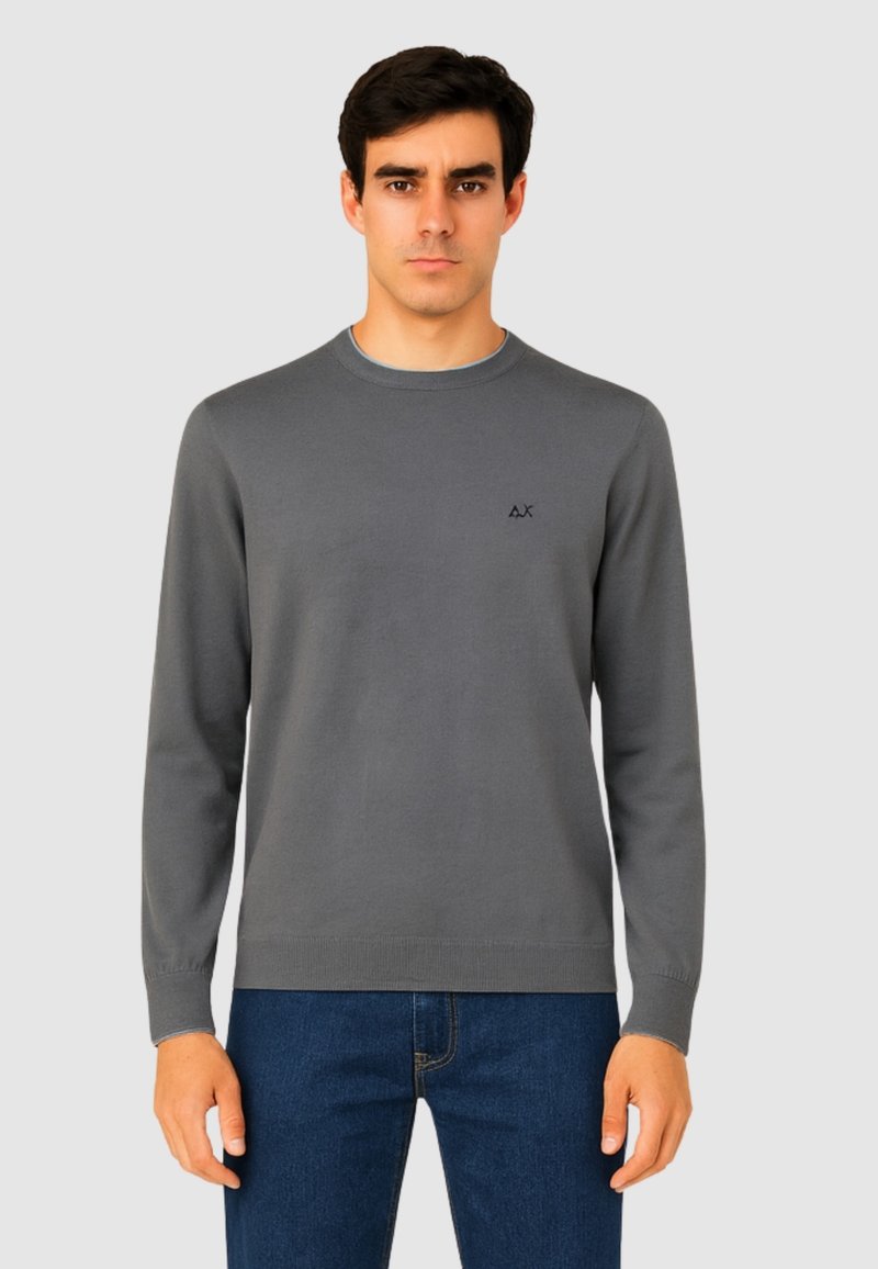 Maglione grigio a collo rotondo in maglia, con maniche lunghe, caratterizzato da un piccolo logo nero sul petto. Indossato con jeans blu, con dettagli minimi.
