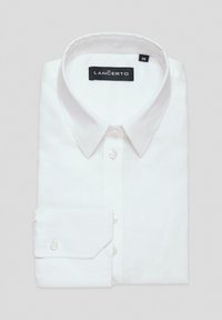 Biała koszula z kołnierzykiem, wykonana z lnu, z zapięciem na guziki i jednym mankietem zapinanym na guzik. Metka z napisem "LANCERTÓ" w rozmiarze 36.