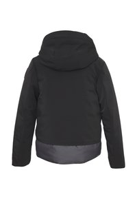 Giacca invernale nera con cappuccio, maniche lunghe e una sezione posteriore leggermente imbottita, vista da dietro.