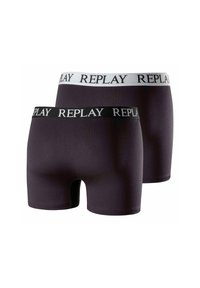 Boxer shorts de color púrpura oscuro con cinturilla elástica en negro y blanco. En la parte delantera presenta el logo 'REPLAY' en colores contrastantes. Tela suave y lisa.