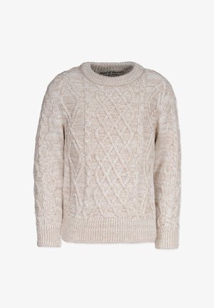 Strikket sweater i lys beige, med kabelstrikkedesign, rund halsudskæring og ribbede manchetter og kant for en tekstureret finish.