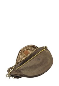 Sac bandoulière en suède marron avec fermetures éclair dorées, doublure en tissu floral, et étiquette de la marque Mila Louise à l'intérieur et estampillée à l'avant.