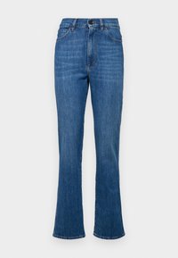 Modré denimové zvonové džíny s vysokým pasem, s poutky na opasek, pěti kapsami a kontrastním prošíváním. Hladká textura se slabým vyblednutím.