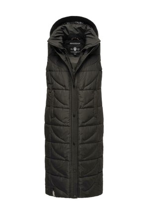 Gilet noir rembourré avec capuche, fermeture éclair sur le devant, deux poches latérales, design matelassé et texture lisse. Idéal pour se superposer par temps froid.