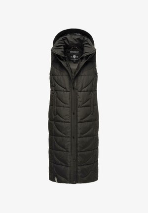 Padded black vest with hood, full zip front, two side pockets, quilted design, and a smooth texture. Suitable for layering in cold weather.