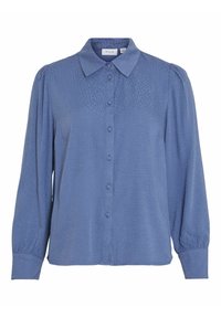 Lichtblauwe button-up shirt van gestructureerde stof, voorzien van een klassieke kraag, lange mouwen met plooidetails en knopen aan de voorkant.