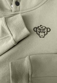 Lichtgroene sweatshirt met ribgebreide mouwen, een gestructureerd oppervlak en een zwart geborduurd aaplogo op de borst.