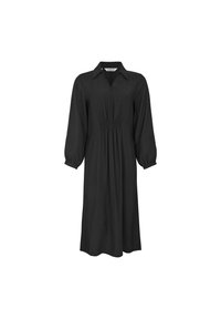 Svart, knälång klänning med krage, samlad midja och fulla ärmar. Tillverkad av slät tyg med en enkel design.