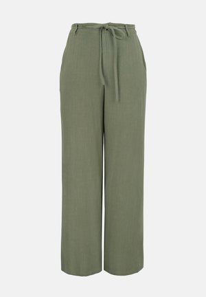 Pantalones de pierna ancha de color verde oliva con cintura alta, bolsillos delanteros, trabillas para el cinturón y un cinturón de tela a juego.