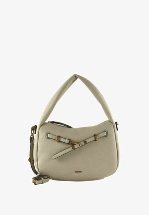 Sac à main en cuir beige avec une poignée incurvée, une sangle décorative à l'avant avec des fermoirs dorés, et une bandoulière amovible sur fond blanc.