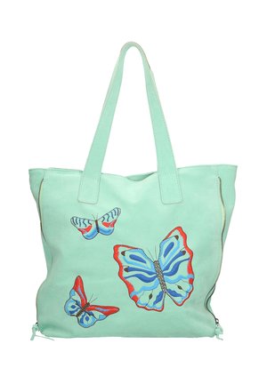 Licht turquoise draagtas met drie kleurrijke geborduurde vlinders en twee ritsen aan de zijkanten.