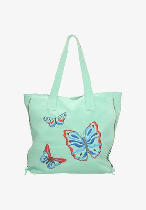 Sac fourre-tout turquoise clair avec trois papillons colorés brodés et deux fermetures éclair sur les côtés.