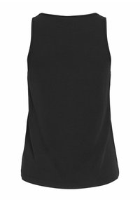Zwarte mouwloze tanktop met een geribbelde structuur, ronde halslijn en een losse pasvorm. Gladde stof zonder zichtbare patronen of hardware.