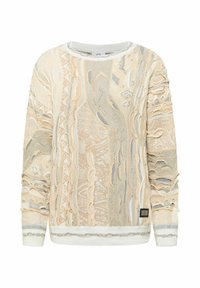 Strickpullover in Hellbeige mit strukturierten Mustern, aus weichem Stoff, mit Rundhalsausschnitt sowie gerippten Bündchen an Ärmeln und Saum. Dezente blaue Akzente.