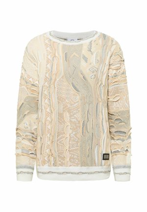 Gebreide trui in lichtbeige met gestructureerde patronen, voorzien van zachte stof, een ronde halslijn en geribbelde boorden en zoom. Subtiele blauwe accenten.