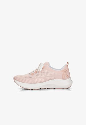 Light pink athletic shoe with a mesh upper, white sole, and tonal laces. Features a textured design and logo on the heel.