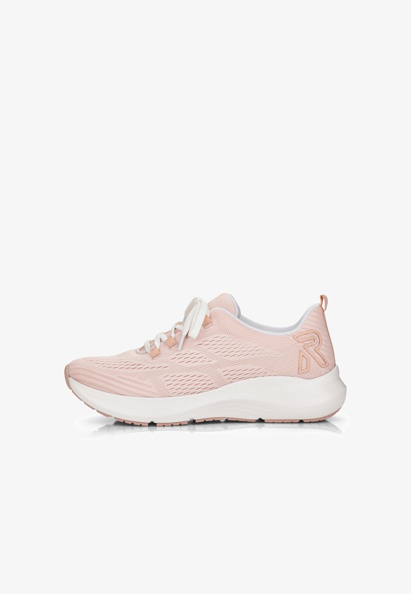 Light pink athletic shoe with a mesh upper, white sole, and tonal laces. Features a textured design and logo on the heel.