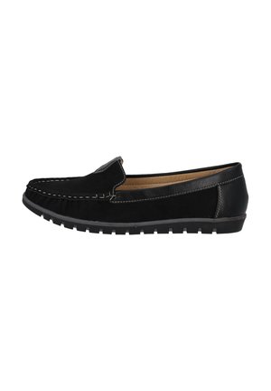 Schwarze Lederloafers mit einem Mokassindesign, ausgestattet mit weißen Nähakzenten und einer strukturierten Gummisohle für besseren Halt.